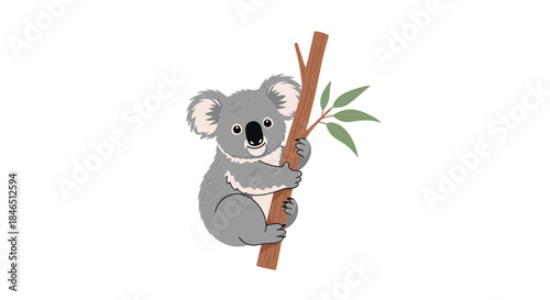 playful koala clings to a slim tree branch with green leaves while cuddling the wood and gazing softly toward the viewer.