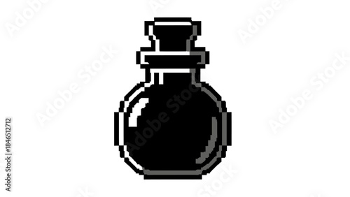 Pixel art black potion bottle with stopper on white