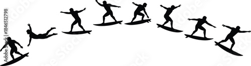 Surfing silhouette, aerial trick, surfboard jump, extreme sport motion, ocean wave action, dynamic surf pose, summer beach adventure, vector illustration