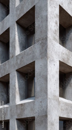 Concrete grid facade whispers modern architectural zen, shadow play elegance, parallelogram reflections, celebrating World Architecture Days geometric harmony