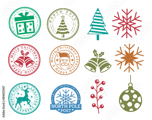 Vintage Grunge Christmas Rubber Stamp Collection with Santa, Reindeer, and Holiday Icons