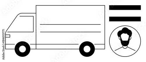 Delivery truck with two horizontal lines symbolizing speed next to circular avatar of a customer. Ideal for shipping, logistics, customer service, transportation, online shopping, fast delivery