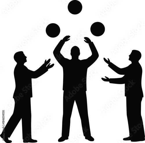 Teamwork silhouette jugglers, three people coordinating, skillful performance, balance and collaboration concept, hand-tossed balls, minimalist black vector illustration for teamwork