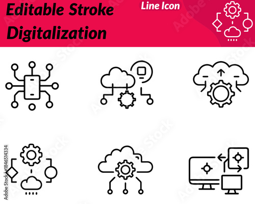A clean digitalization icon showing physical elements transitioning into digital pixels data blocks circuit lines. Minimal modern design representing digital transformation automation innovation.