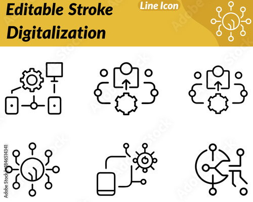 A clean digitalization icon showing physical elements transitioning into digital pixels data blocks circuit lines. Minimal modern design representing digital transformation automation innovation.