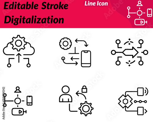A clean digitalization icon showing physical elements transitioning into digital pixels data blocks circuit lines. Minimal modern design representing digital transformation automation innovation.