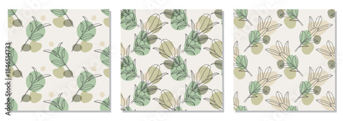 Set of trendy minimalist seamless botanical pattern with abstract creative art hand drawn composition