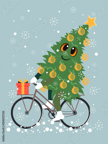 A funny Christmas tree rides a bicycle in the snowy season. 
