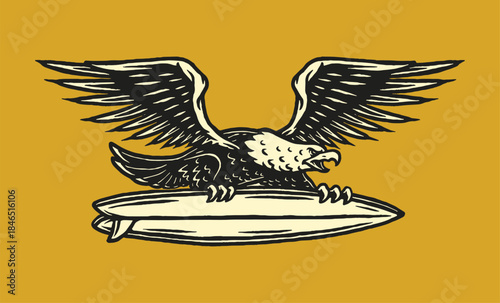Bold vintage eagle with wide-spread wings, clutching a surfboard, perfect for surf culture, outdoor, or retro-themed projects.