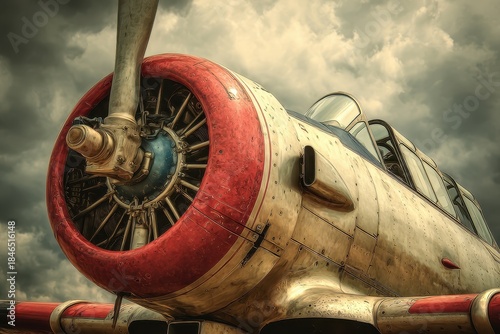Historic vintage war aircraft captured against a dramatic sky, highlighting its intricate details and robust design from an earlier era of aviation history