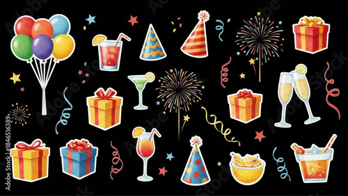 Modern Retro Halftone Party Celebration Sticker Elements Set on Black Background