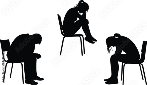 Three seated silhouettes in contemplative posture, heads bowed, isolated chairs, emotional struggle, mental health concept, loneliness, introspection, silent distress, therapy symbolism