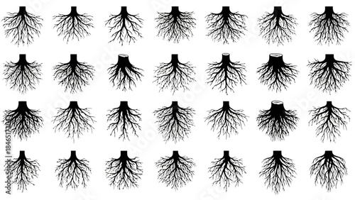 Collection of black tree root silhouettes on white background vector