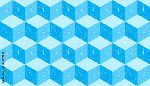 Horizontal blue geometric space with cubes and clock dials with hands showing different times in different time zones backdrop. Vector background top view at an angle