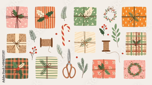 Collection of wrapped Christmas presents with festive decorations and wrapping supplies on beige background vector