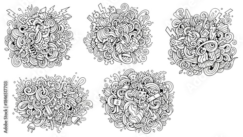 Collection of abstract doodle art designs with swirling lines and objects on white background vector