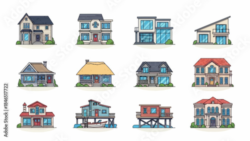 Collection of various cartoon houses and buildings on white background vector
