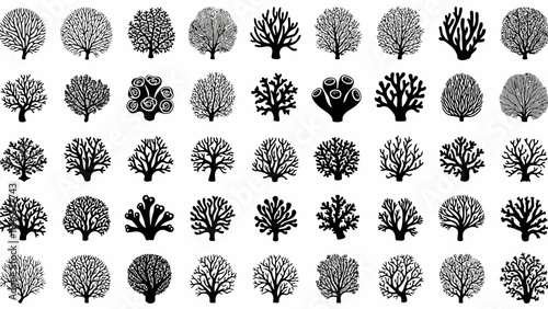 Collection of various coral reef silhouettes on white background vector