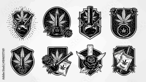 Black and white vector illustrations of cannabis and smoking related designs