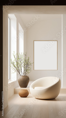 Modern white armchair in minimal living room design, poster mockup