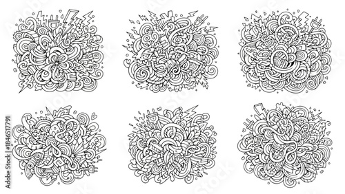Six doodle style explosion graphics with swirling lines and lightning bolts isolated on white background vector