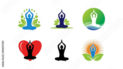 Six yoga poses with various colored backgrounds and symbols vector