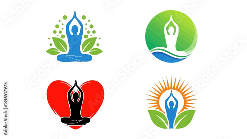 Four yoga poses with various backgrounds and colors vector
