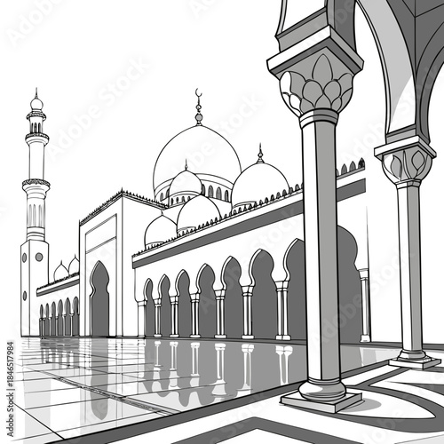 Marble prayer courtyard with subtle water reflection and mosque architecture