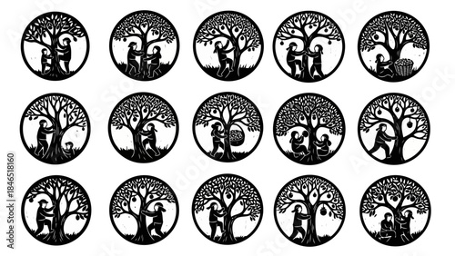 Black and white silhouette illustrations depicting people interacting with a fruit tree in various ways