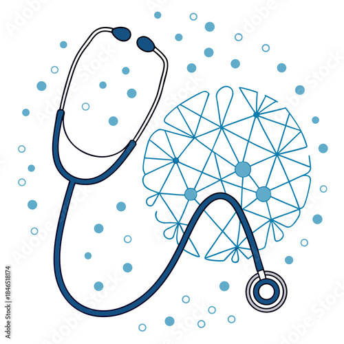 Digital stethoscope connected to glowing neural network brain