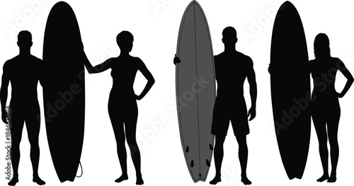 Three surfboard silhouettes with male and female surfers standing beside boards, comparing surfboard sizes, shapes, stance, fins, coastal lifestyle, minimalist vector