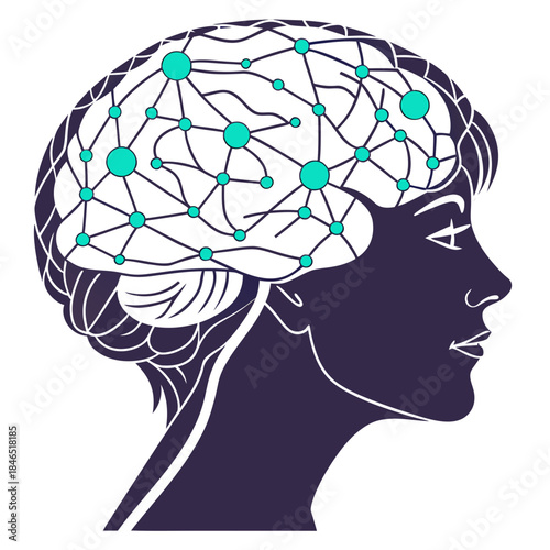 Human brain made of glowing molecules in white background