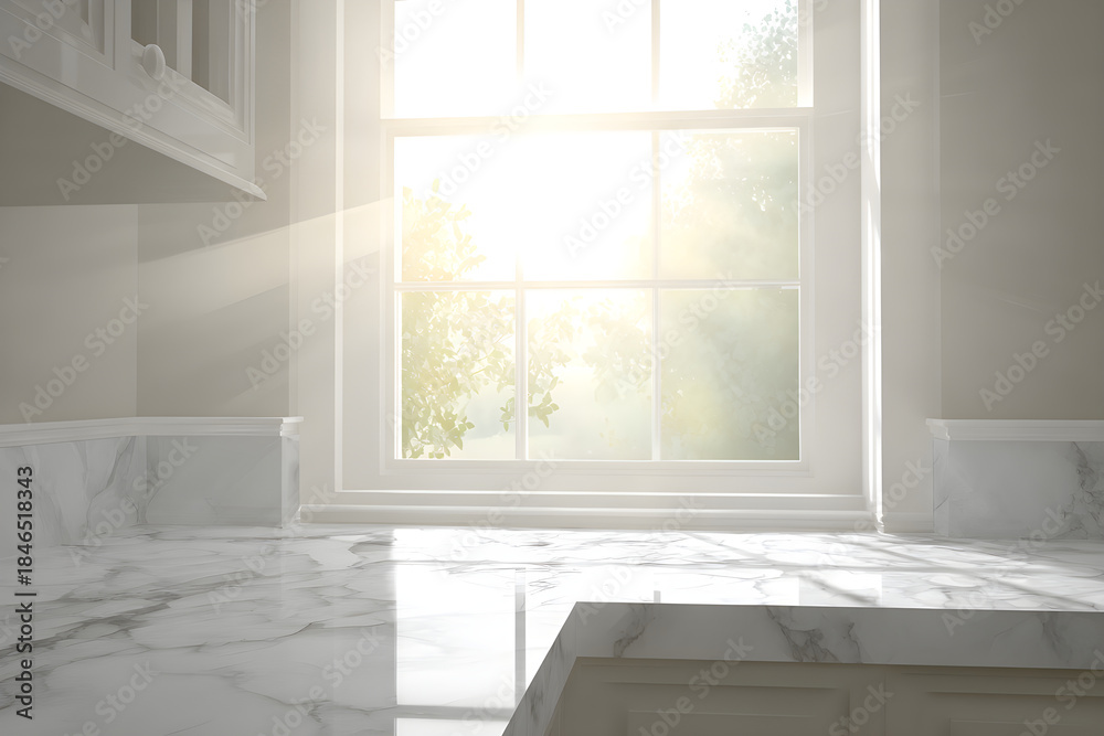 Fototapeta premium Bright Morning Sunlight Streaming Through Window Onto Elegant White Marble Kitchen Countertop