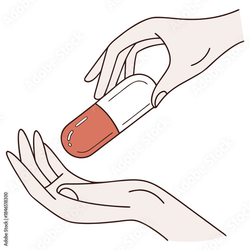 Two hands exchanging transparent capsule symbolizing medicine or health