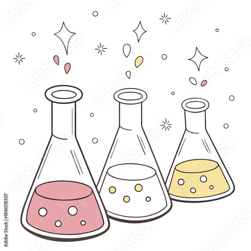 Cartoon of three colorful liquids in Erlenmeyer flasks with magic sparkles