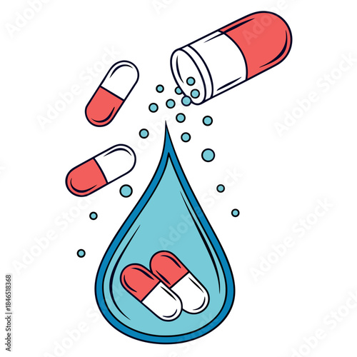 Capsules dissolving in water droplet pills red and white