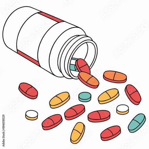 Assorted colorful pills and capsules spilled from bottle 1