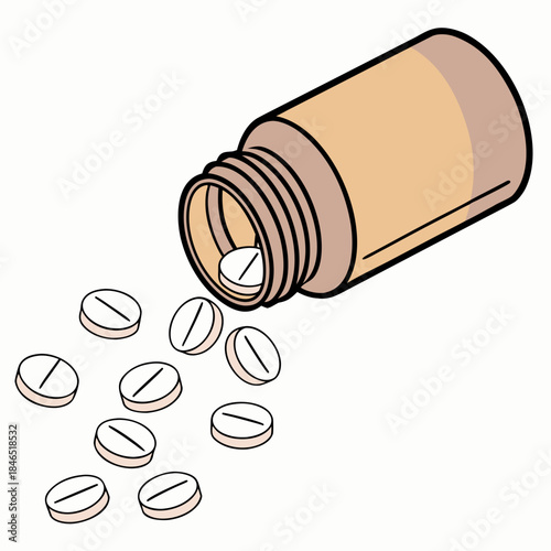 Spilled amber bottle with white pills on white background