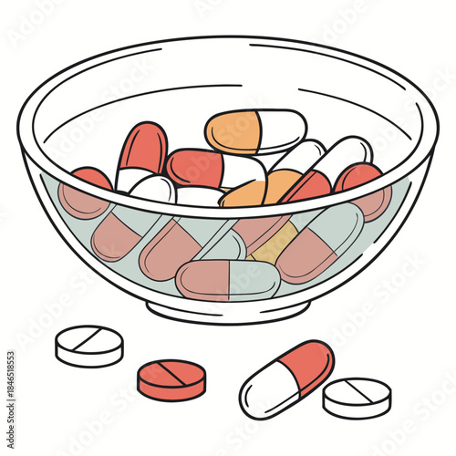 Glass bowl filled with colorful capsules and pills on white background