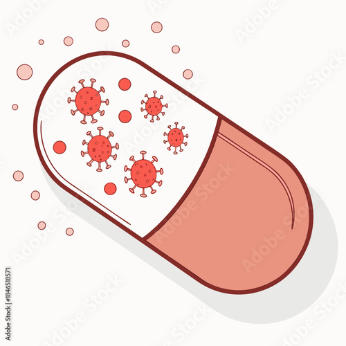 Close up of transparent capsule with red virus particles inside