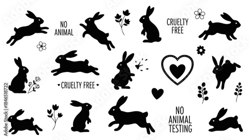 Black silhouettes of rabbits representing cruelty-free and no animal testing movement