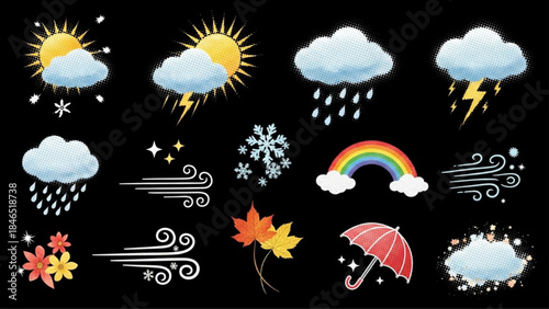 Modern Retro Halftone Weather Seasons Sticker Elements Set on Black Background