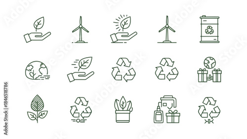 Set of green outline icons for sustainability, ecology, and environmental conservation