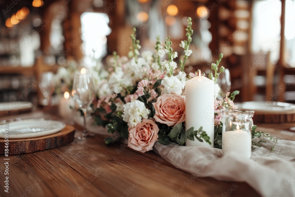 Obraz premium Rustic wedding decorations featuring flowers and candles create a romantic atmosphere for a charming celebration at a venue adorned with warm wooden elements