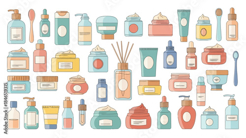 A comprehensive collection of diverse beauty and personal care product containers illustrated