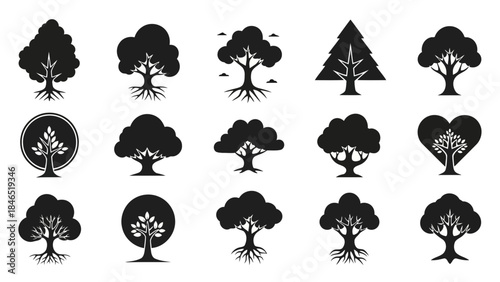 A diverse collection of minimalist tree icons representing nature and ecology symbols