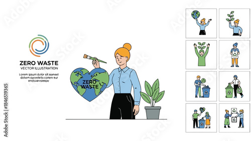 A woman promoting zero waste lifestyle with other recycling and green living icons