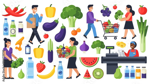 Healthy eating concept with people buying fresh fruits and vegetables at supermarket