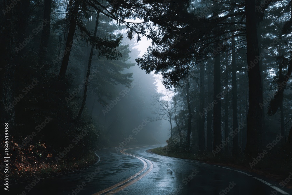 Obraz premium Winding road through a misty forest in early morning light creating a serene and tranquil atmosphere for desktop wallpaper