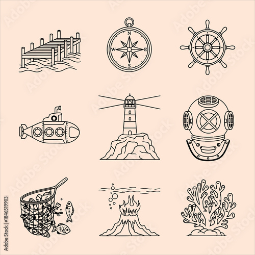 Nautical icons and symbols for marine adventure and exploration
